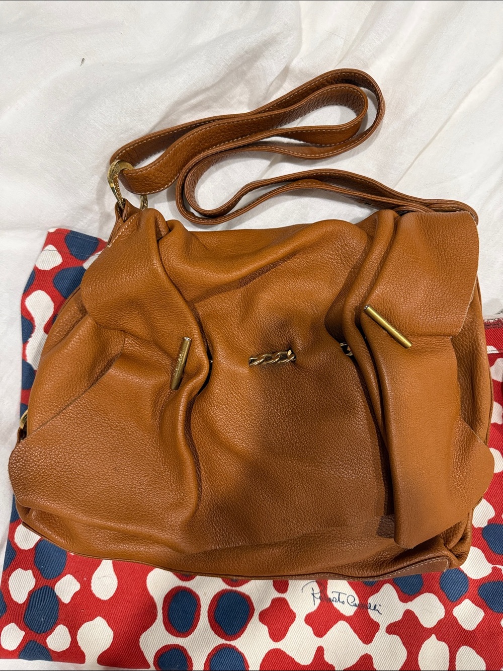 Roberto Cavalli Tan Pebbled Leather Shoulder Bag